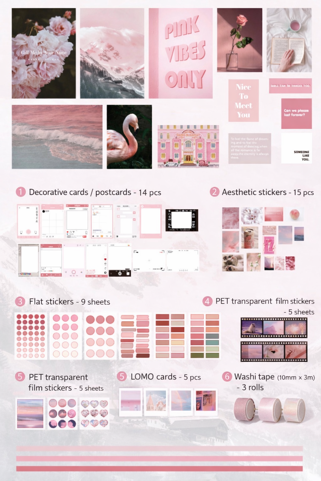 Pink Aesthetic Stationery Set – Scrapbook Kit, Stickers, Washi Tape & Photo Cards