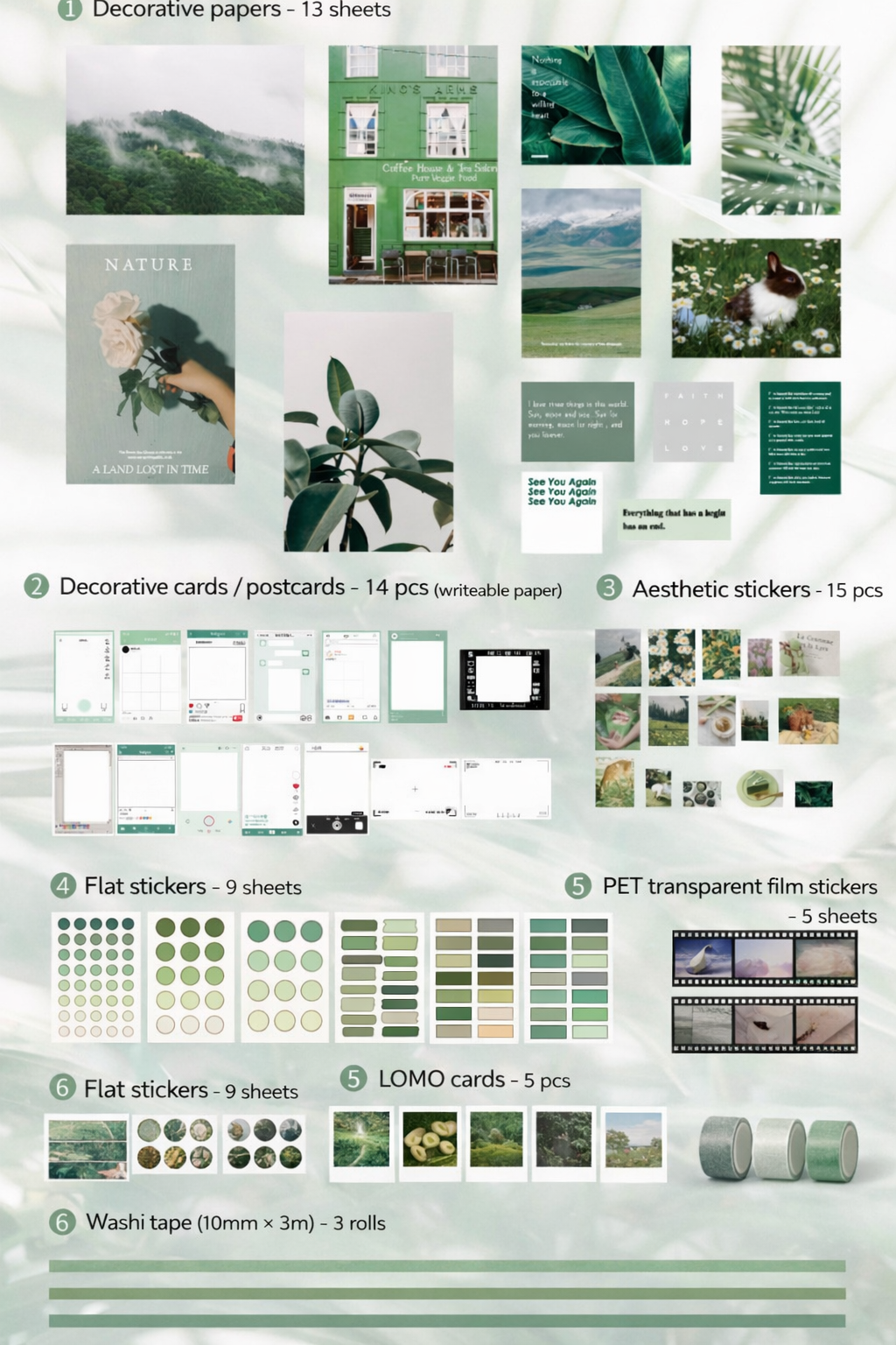 Green Aesthetic Stationery Set – Scrapbook Kit, Stickers, Washi Tape & Photo Cards