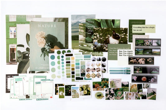 Green Aesthetic Stationery Set – Scrapbook Kit, Stickers, Washi Tape & Photo Cards